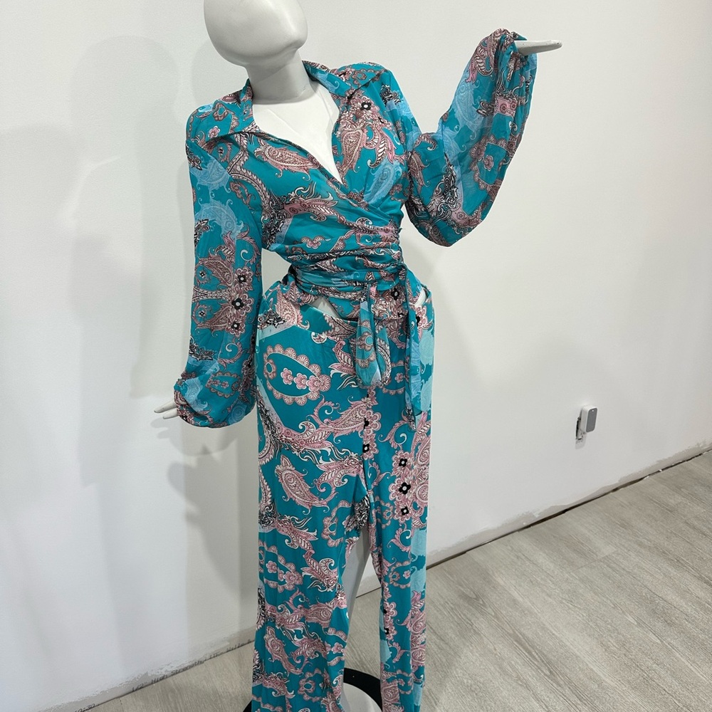 Turquoise Paisley Wrap two piece pantsuit with Tie Waist